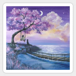 fantasy dreamy clouds moon cherry blossom art Magnet